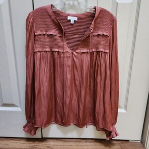 CURRENT AIR LOS ANGELES Soft Rust Color Smocked Tie Front Women's Blouse sz M